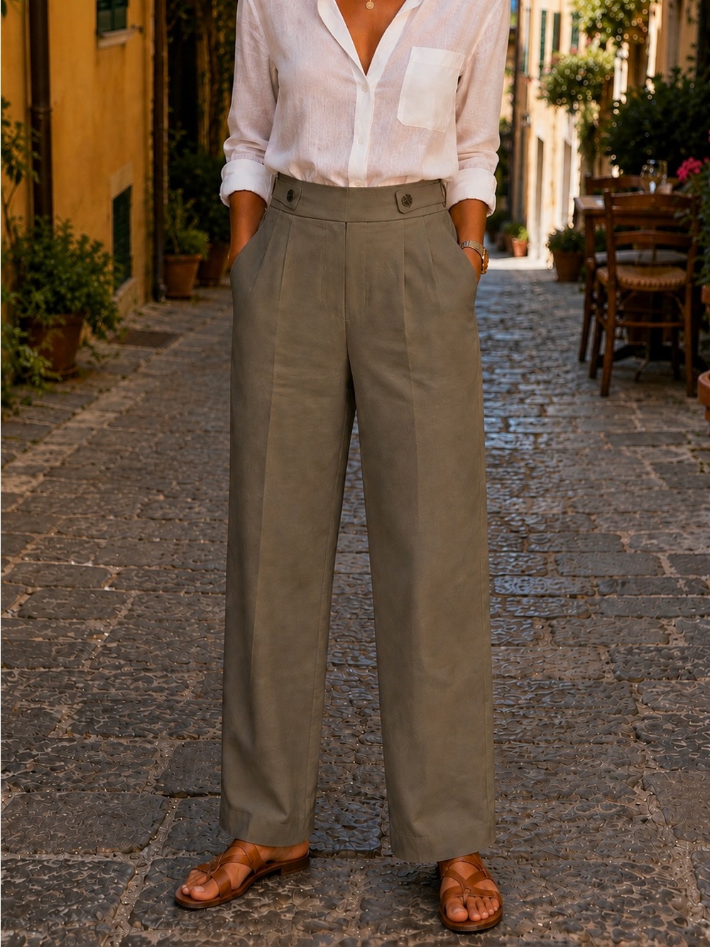 H5 Made in Italy 🇮🇹 Khaki High-Waist Stretch Straight Leg Pants NWT